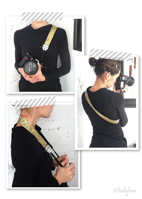 Sparkly camera strap for DSLR with glitter and rhinestones.