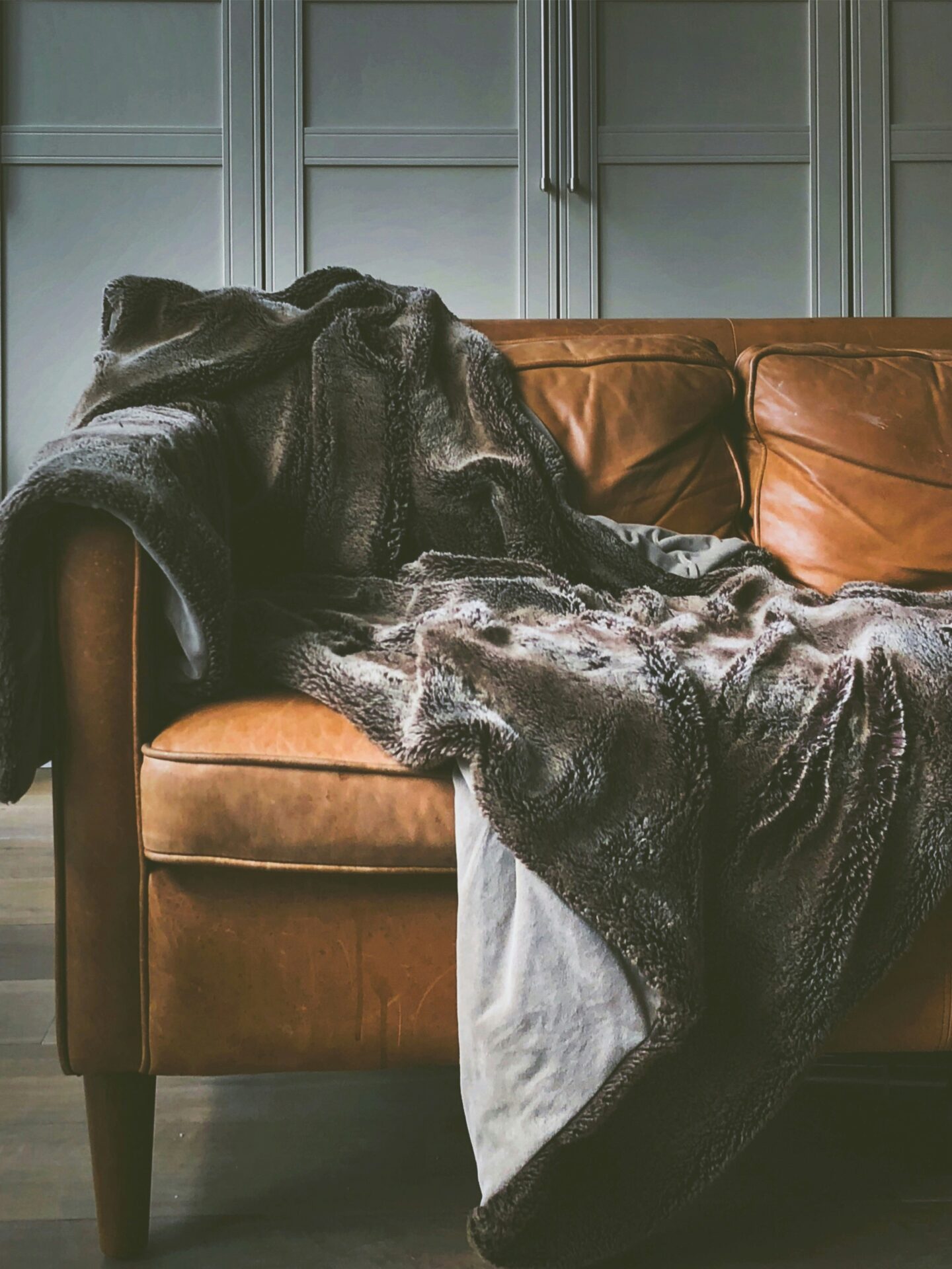 cozy home - fur throw, leather sofa