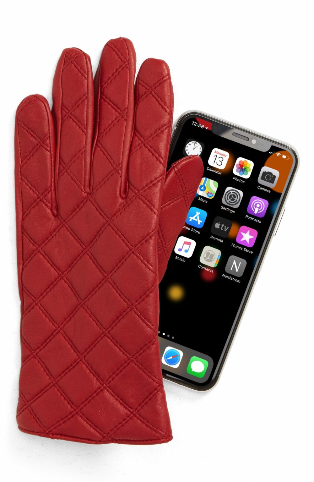 quilted red leather tech gloves