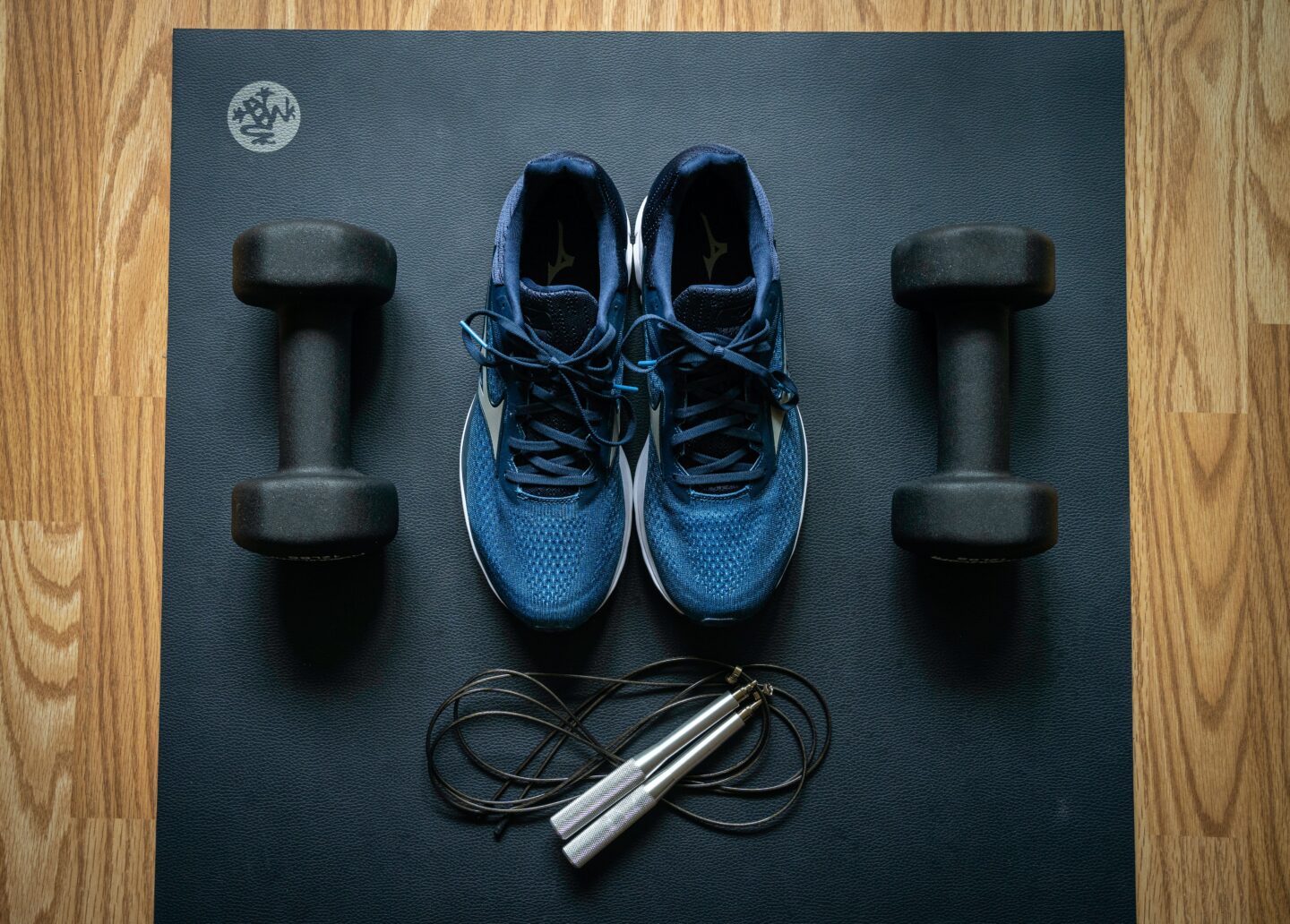 free weights, sneakers and jump rope