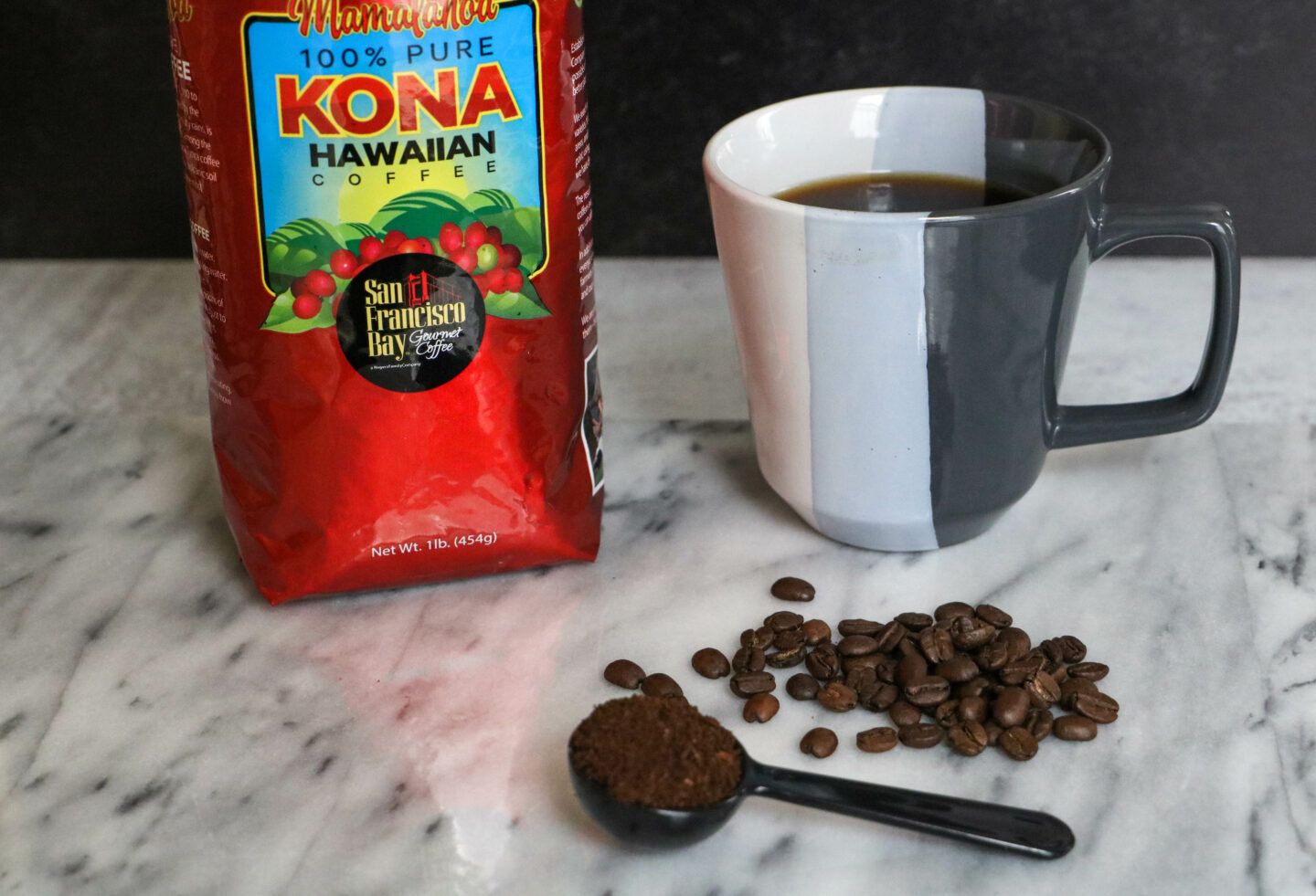 kona coffee beans ground and brewed