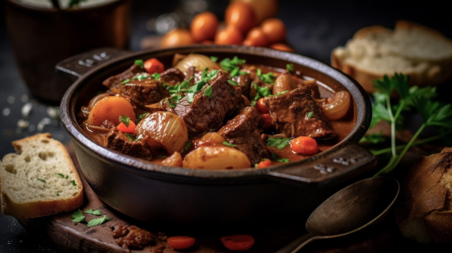 Eat well this winter. Beef bourguignon in cast iron pot.