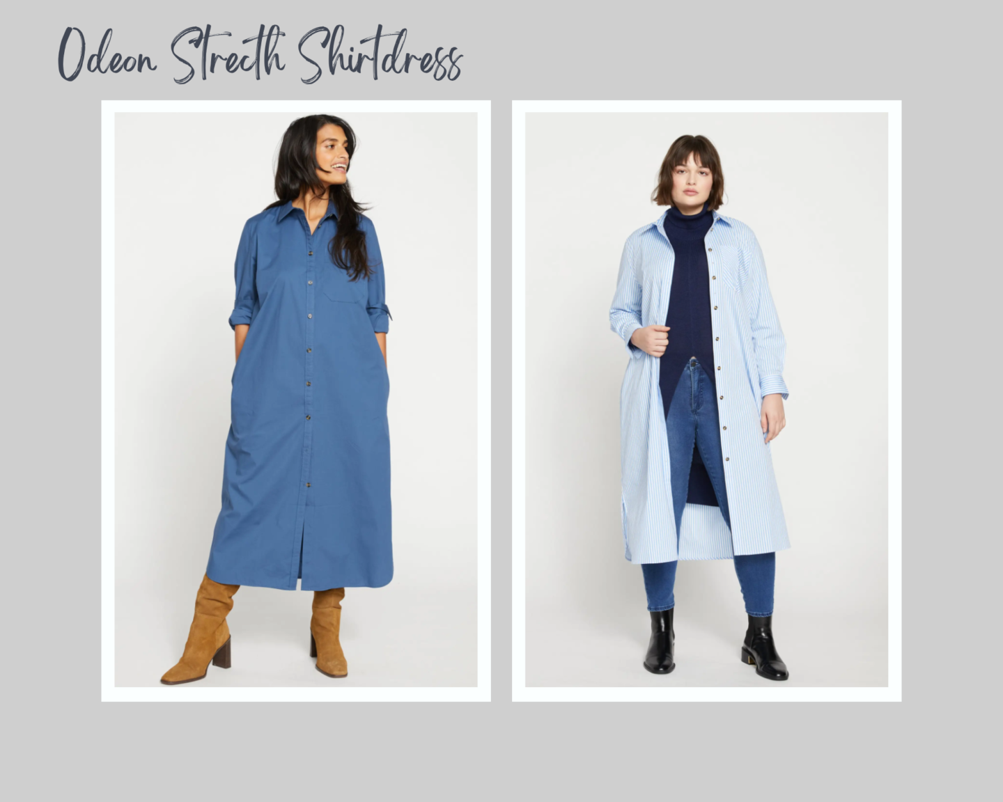 universal standard stretch poplin shirtdress in two sizes and colors