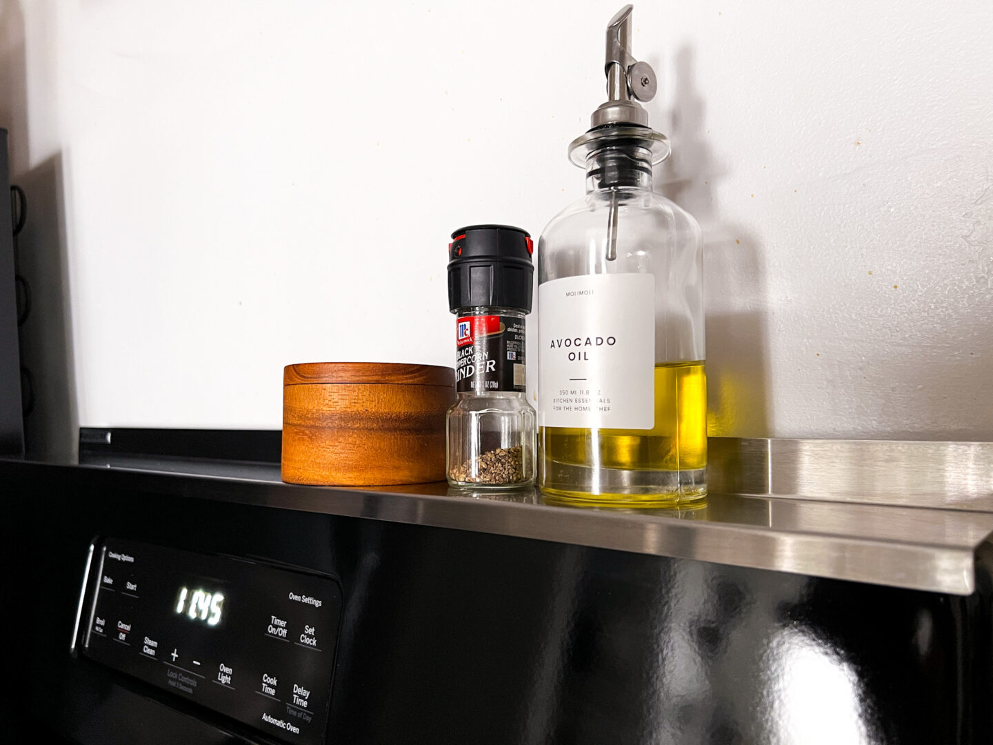 may favorites - stove shelf with oil dispenser, salt and pepper