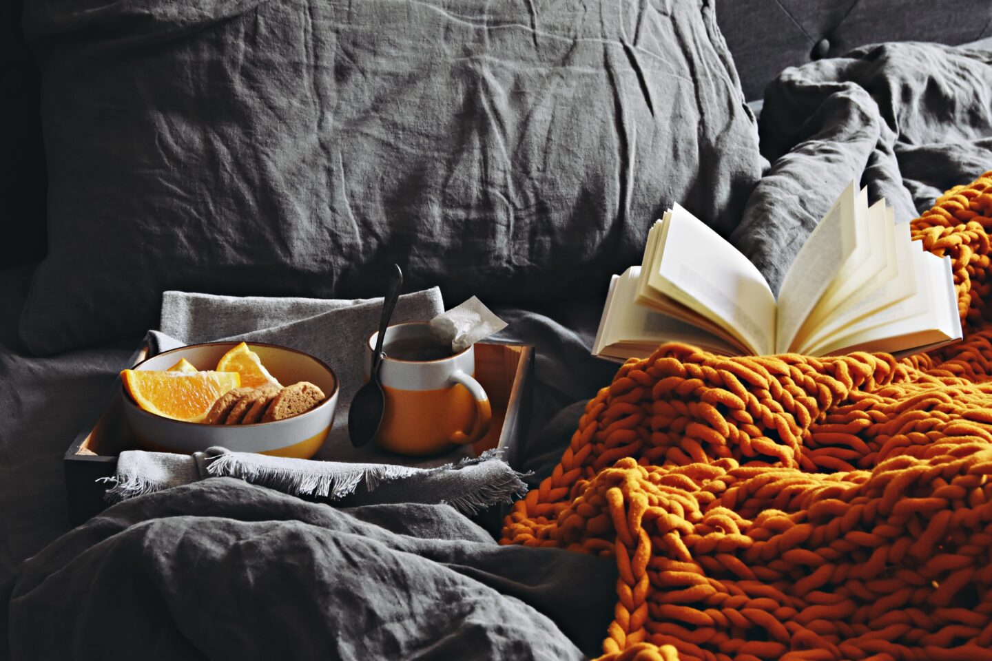 Autumn Favorites: Cozy comforters, crisp sheets, a good book, and a warm drink.